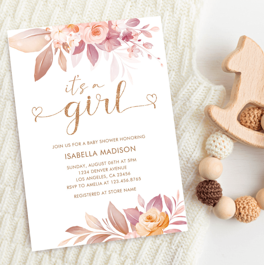 Floral It's a girl Gold Glitter baby shower Invitation