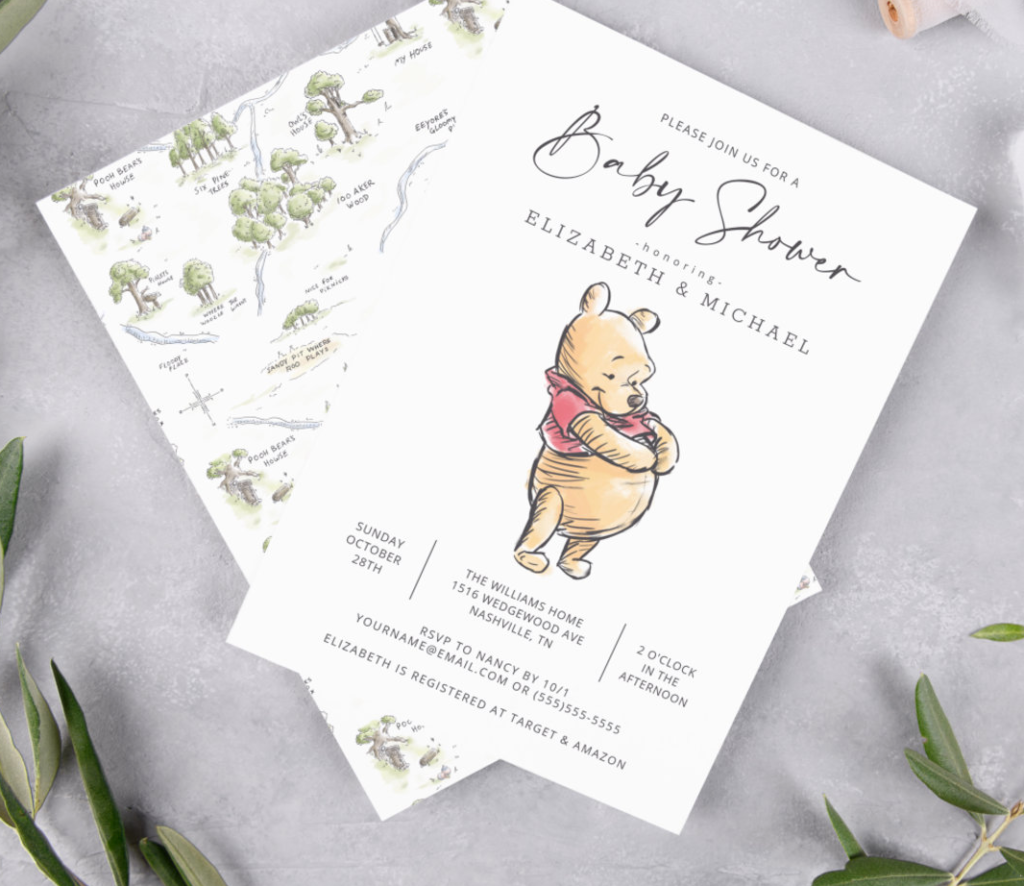 Simple Watercolor Winnie the Pooh Baby Shower Invitation